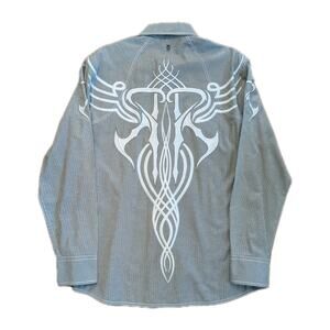 Roar Shirt Mens Large Gray Stripe Embroidered Cross Western Snap Tribal *Flaw*